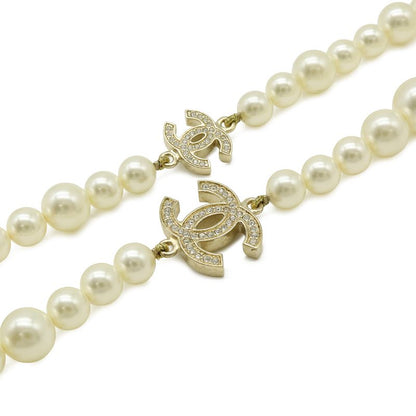Chanel CC Logo Faux Pearl Long Necklace Pendant Rhinestone Cream Gold