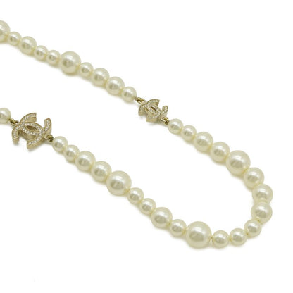Chanel CC Logo Faux Pearl Long Necklace Pendant Rhinestone Cream Gold