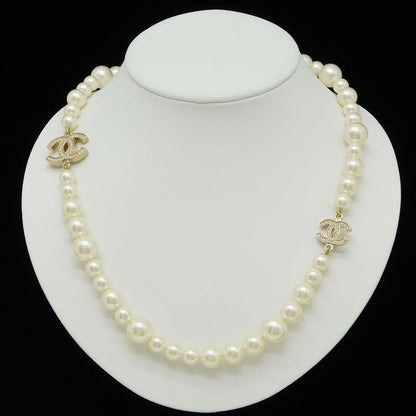 Chanel CC Logo Faux Pearl Long Necklace Pendant Rhinestone Cream Gold
