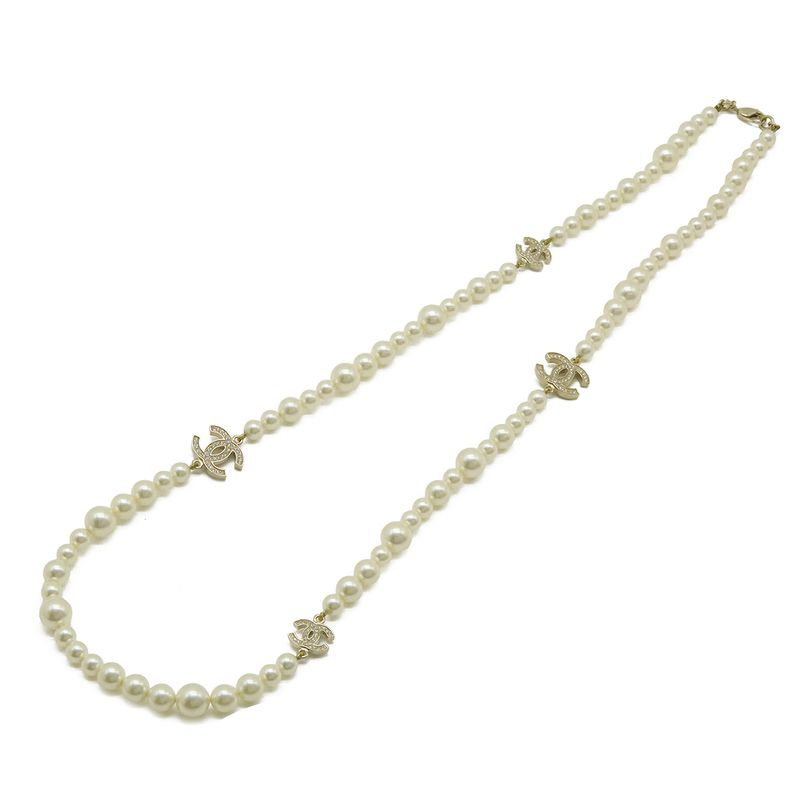 Chanel CC Logo Faux Pearl Long Necklace Pendant Rhinestone Cream Gold