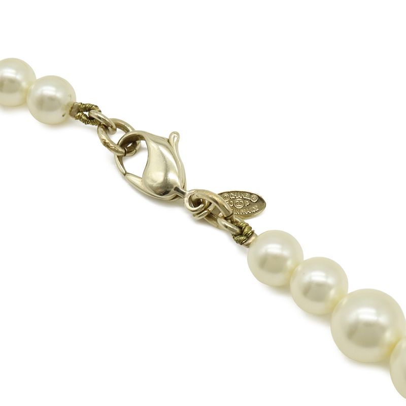 Chanel CC Logo Faux Pearl Long Necklace Pendant Rhinestone Cream Gold
