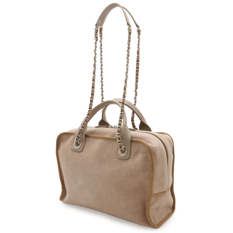 Chanel Deauville Bowling Bag 2-Way Chain Canvas Brown Beige Silver