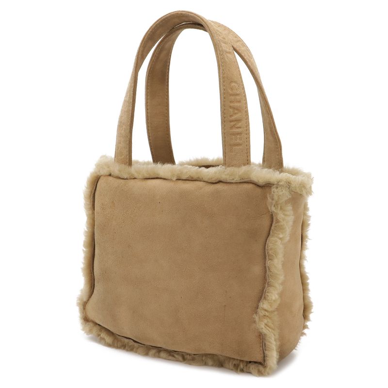 Chanel Logo Tote Mouton Suede Leather Beige