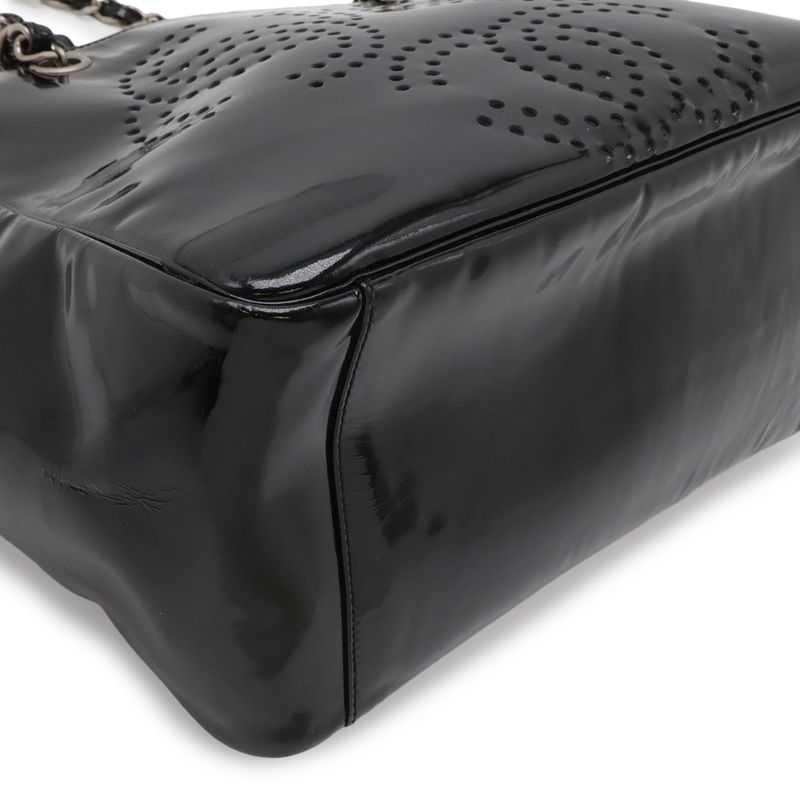 Chanel CC Logo Triple Coco Perforated Tote Chain Shoulder Bag Enamel Black