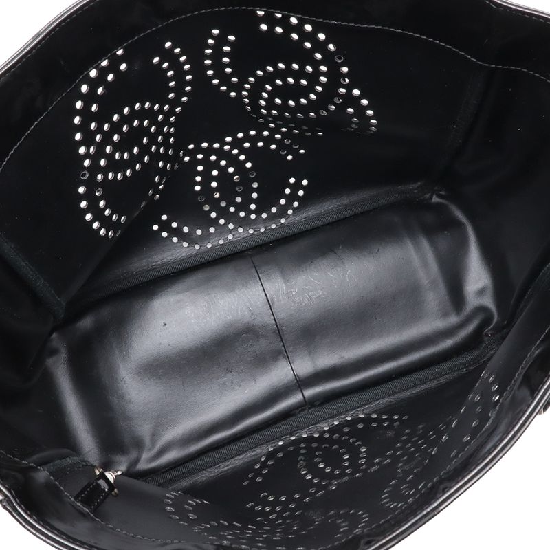 Chanel CC Logo Triple Coco Perforated Tote Chain Shoulder Bag Enamel Black