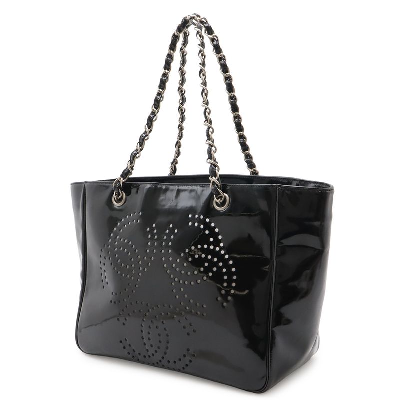 Chanel CC Logo Triple Coco Perforated Tote Chain Shoulder Bag Enamel Black