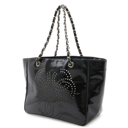 Chanel CC Logo Triple Coco Perforated Tote Chain Shoulder Bag Enamel Black