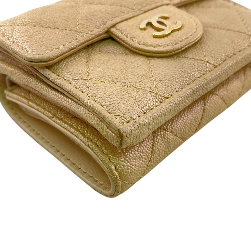 Chanel Compact Wallet Quilted Caviar Leather Trifold Beige