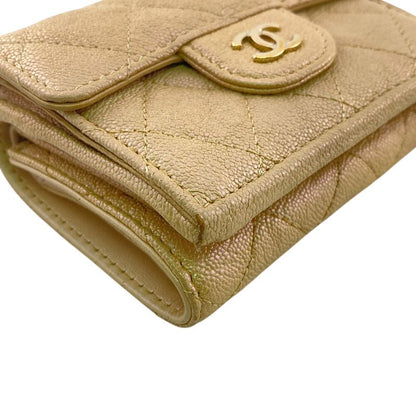 Chanel Compact Wallet Quilted Caviar Leather Trifold Beige