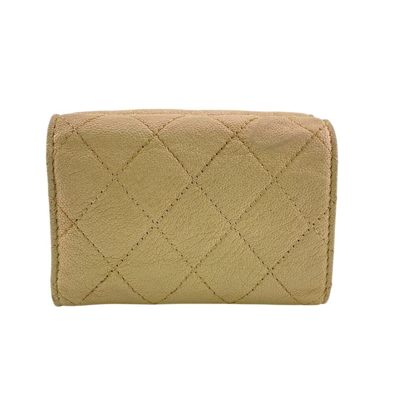 Chanel Compact Wallet Quilted Caviar Leather Trifold Beige