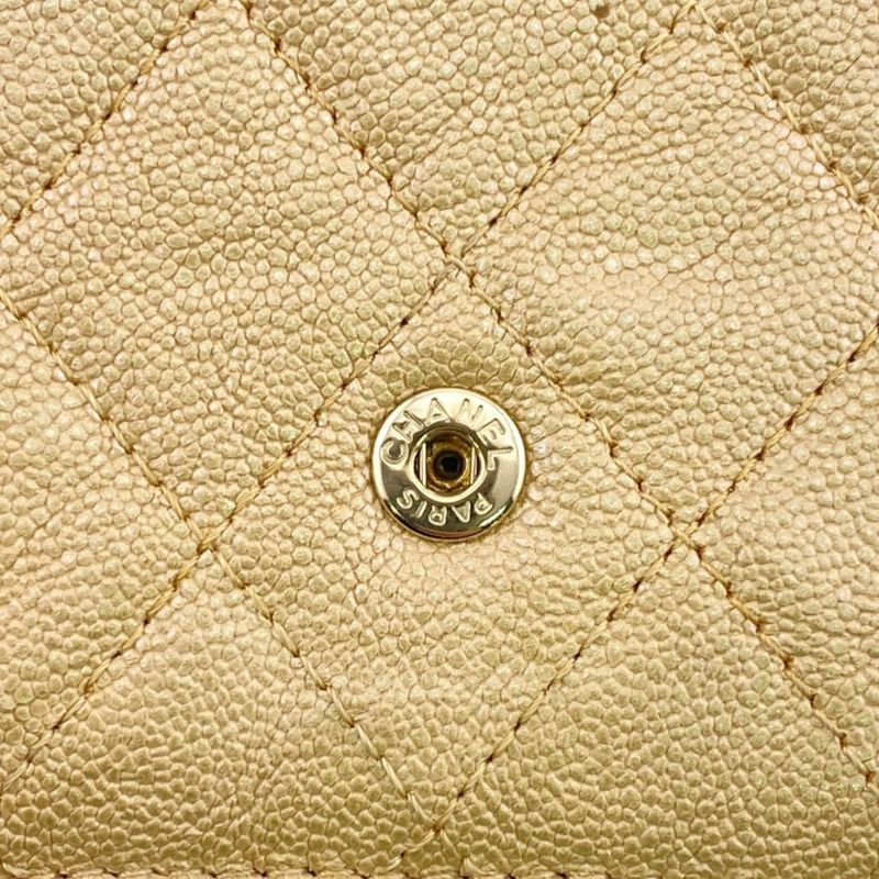 Chanel Compact Wallet Quilted Caviar Leather Trifold Beige