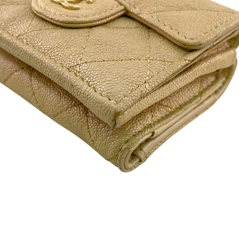 Chanel Compact Wallet Quilted Caviar Leather Trifold Beige