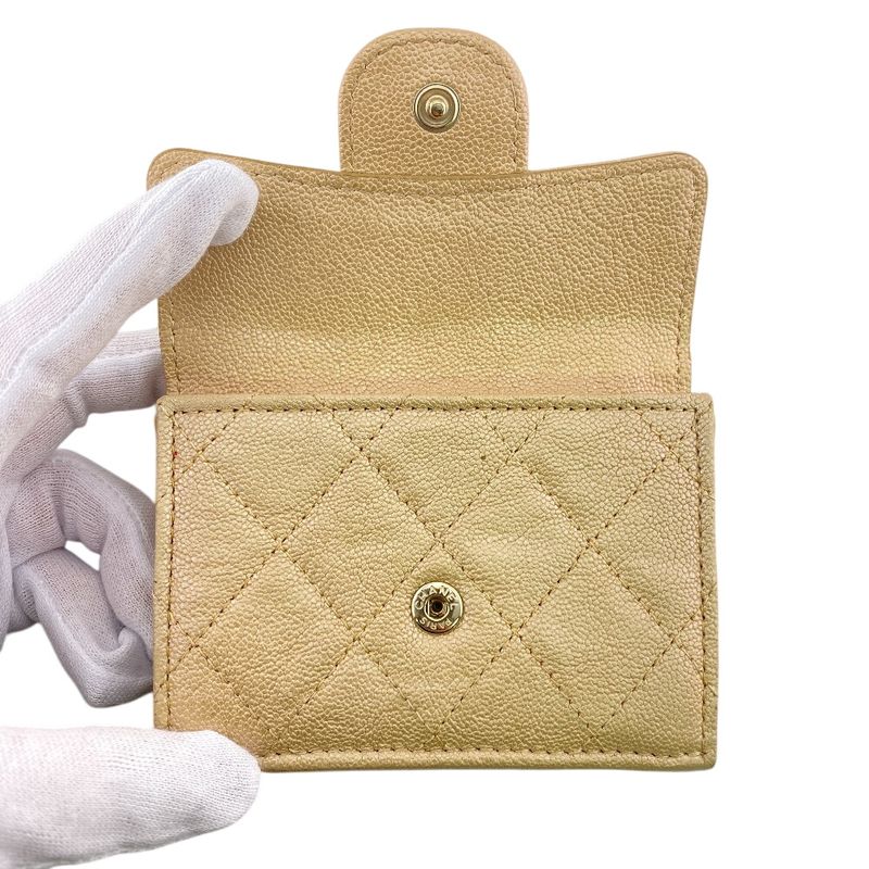 Chanel Compact Wallet Quilted Caviar Leather Trifold Beige