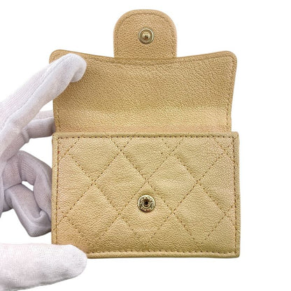 Chanel Compact Wallet Quilted Caviar Leather Trifold Beige