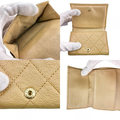Chanel Compact Wallet Quilted Caviar Leather Trifold Beige