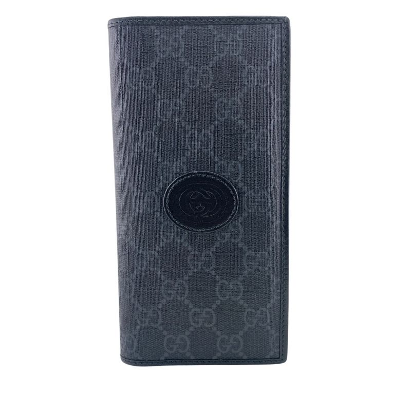 Gucci 2 Piece Set Long Billfold Fragment Case GG Supreme Leather Black Wallet