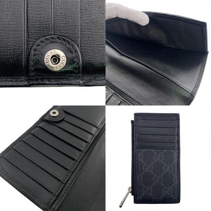 Gucci 2 Piece Set Long Billfold Fragment Case GG Supreme Leather Black Wallet