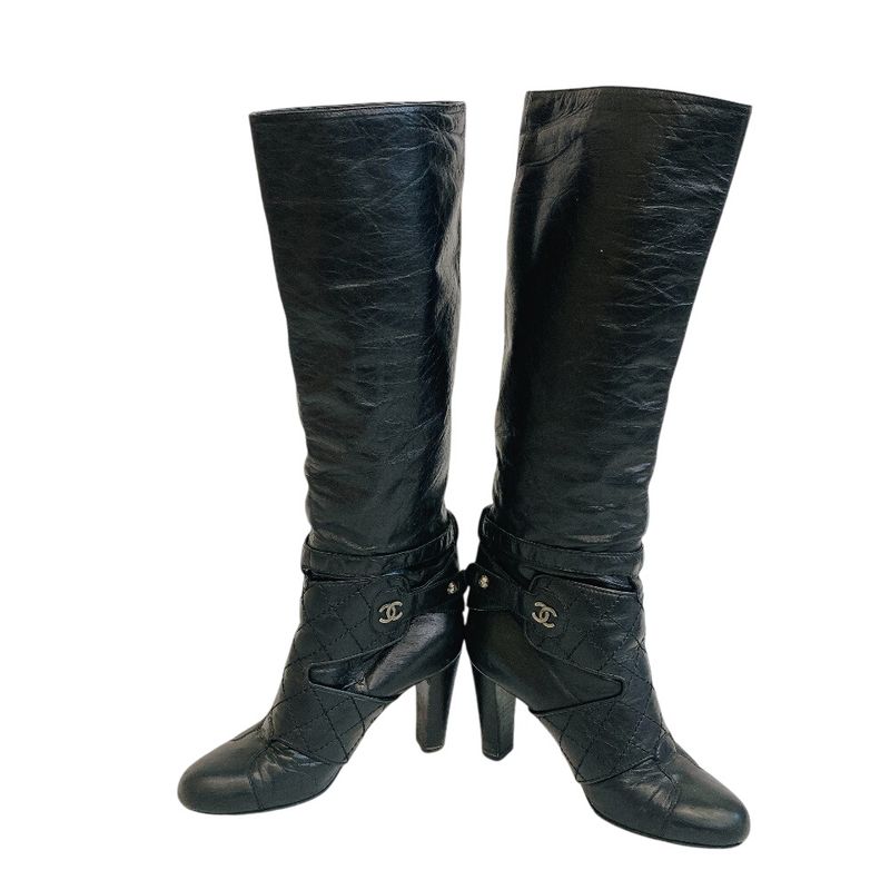 Chanel Long Boots CC Logo Bicolor Leather Black