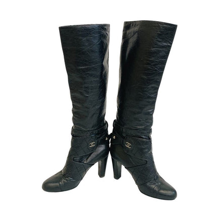 Chanel Long Boots CC Logo Bicolor Leather Black