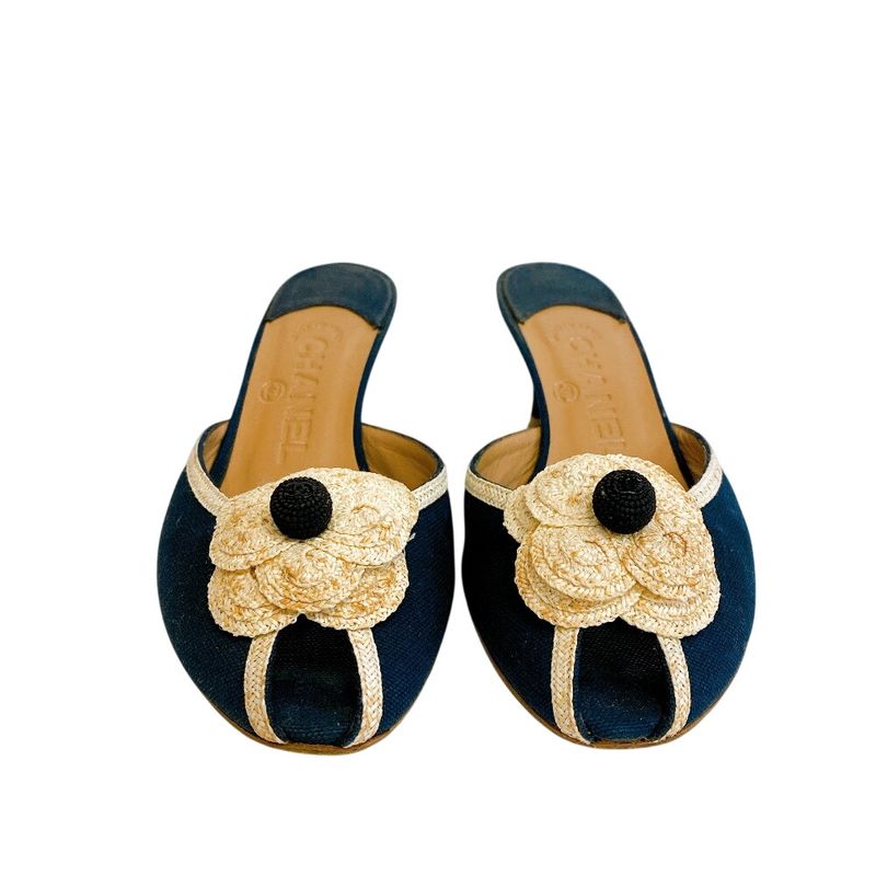 Chanel Camellia CC Logo Canvas Mule Black