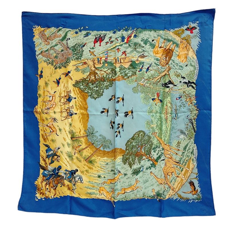 Hermes Carre 90 African Animal Print Silk Scarf Blue