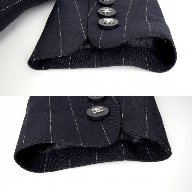 Chanel Collarless Jacket CC Logo Striped Vintage 38 Navy Silver Wool Spring