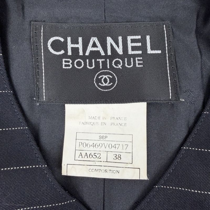 Chanel Collarless Jacket CC Logo Striped Vintage 38 Navy Silver Wool Spring