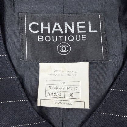Chanel Collarless Jacket CC Logo Striped Vintage 38 Navy Silver Wool Spring