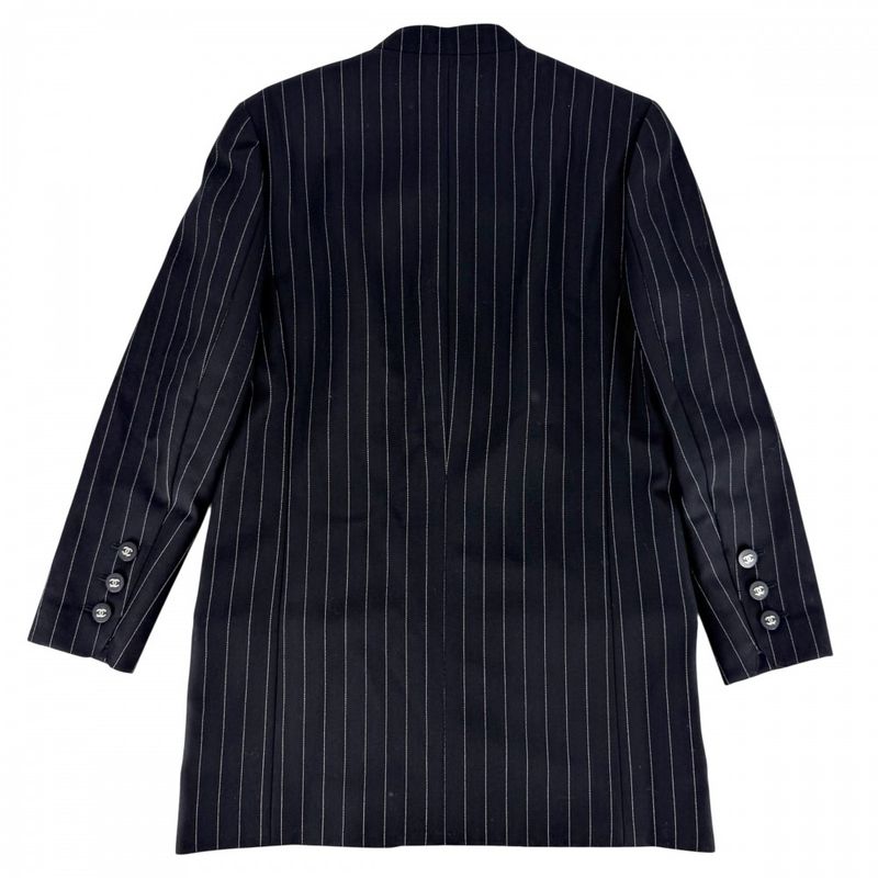 Chanel Collarless Jacket CC Logo Striped Vintage 38 Navy Silver Wool Spring