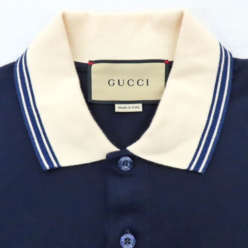 Gucci Short Sleeve Polo Shirt Navy Beige GG Patch