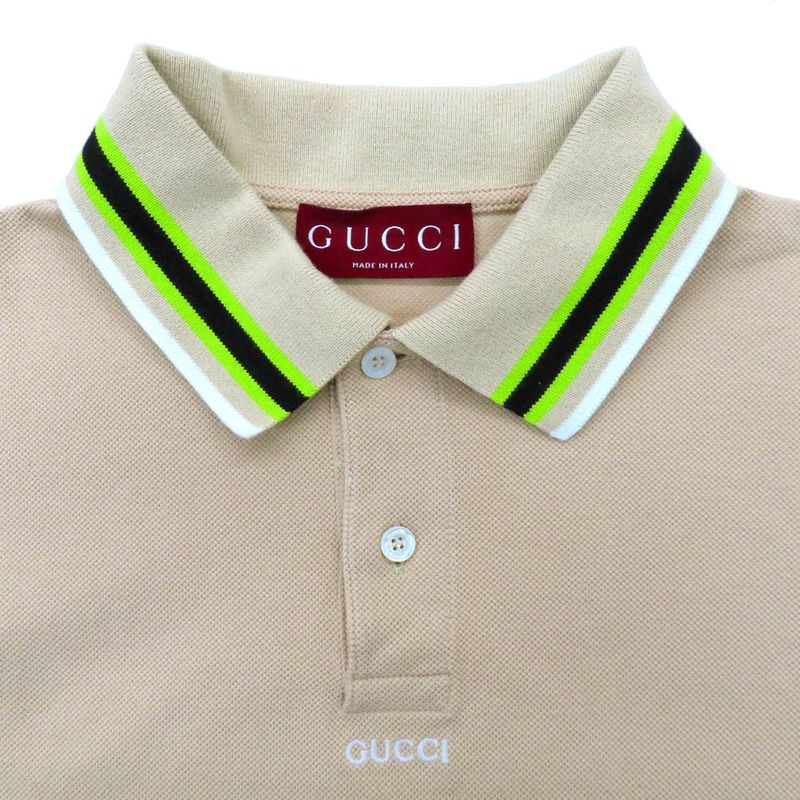 Gucci Short Sleeve Polo Shirt White Logo Embroidery XS Beige Fluorescent