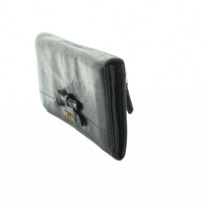 Prada Wallet Flap Coin Purse Leather Ribbon Black