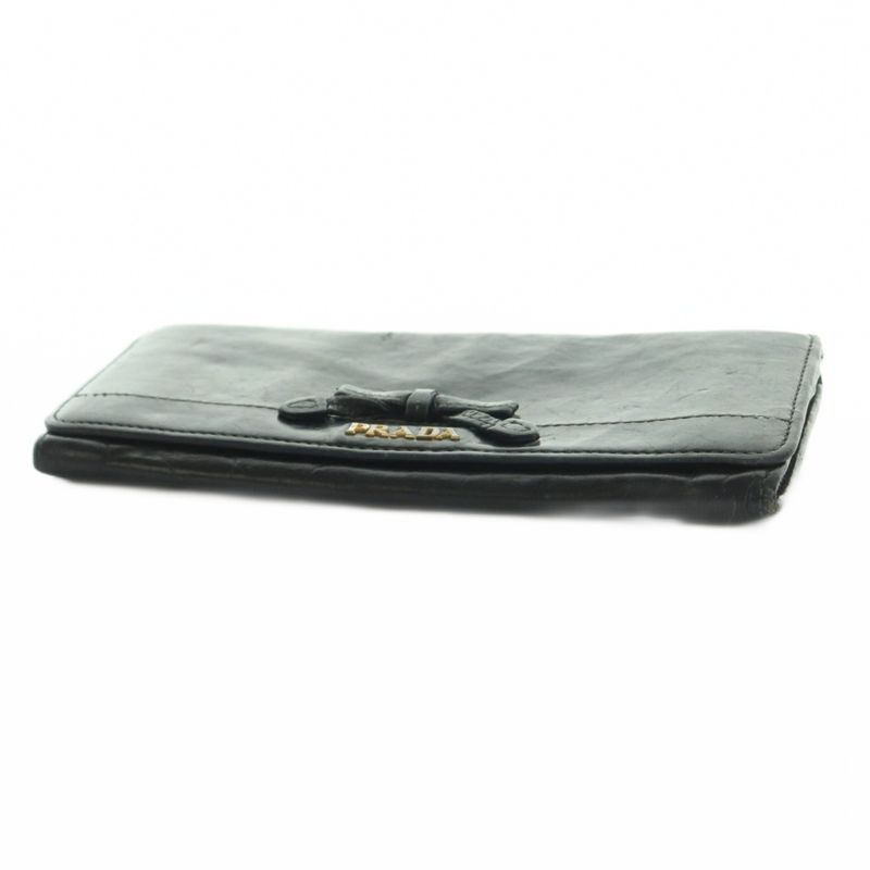 Prada Wallet Flap Coin Purse Leather Ribbon Black