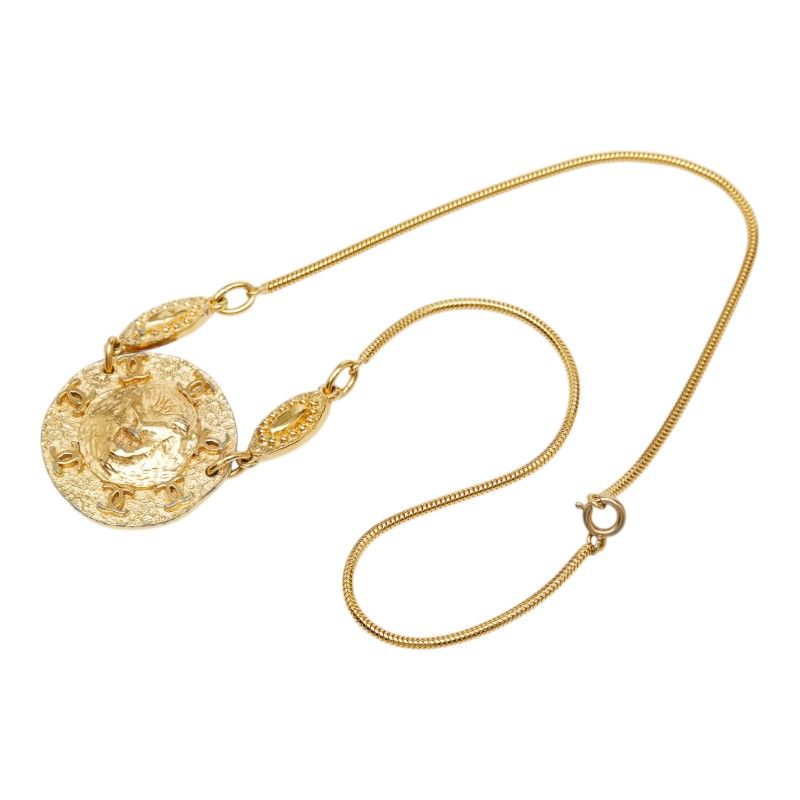 Chanel CC Logo Lion Round Pendant Necklace Gold Plated