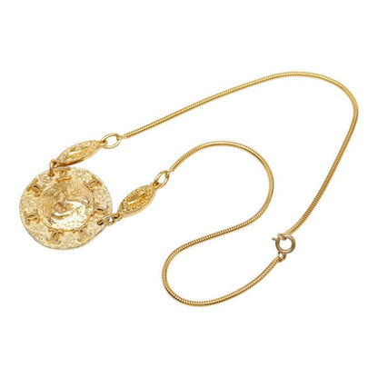 Chanel CC Logo Lion Round Pendant Necklace Gold Plated
