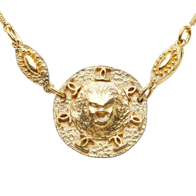 Chanel CC Logo Lion Round Pendant Necklace Gold Plated