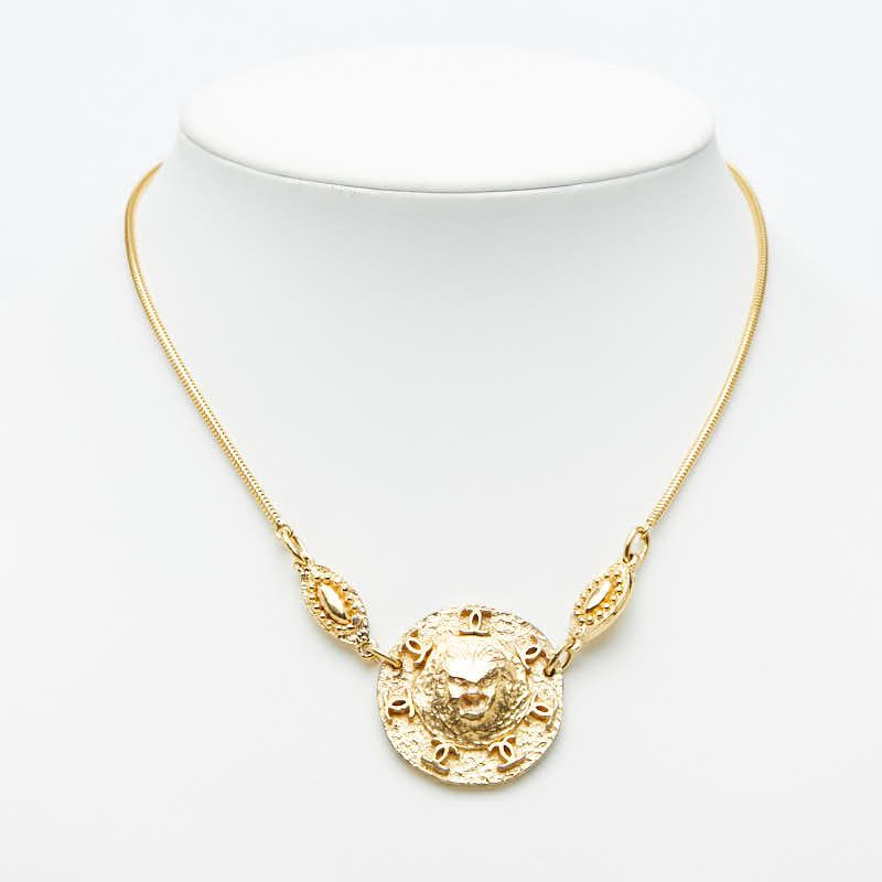 Chanel CC Logo Lion Round Pendant Necklace Gold Plated