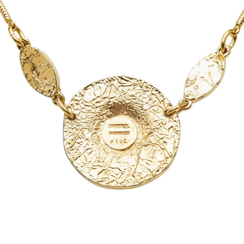 Chanel CC Logo Lion Round Pendant Necklace Gold Plated
