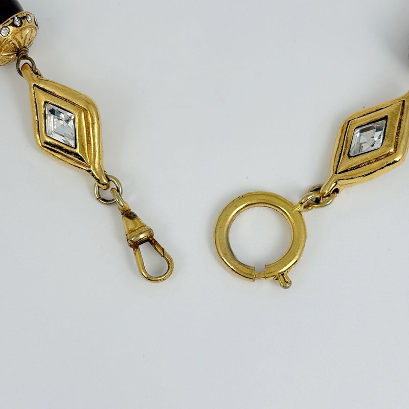 Chanel Rhinestone Necklace Long Gold Plated Brown