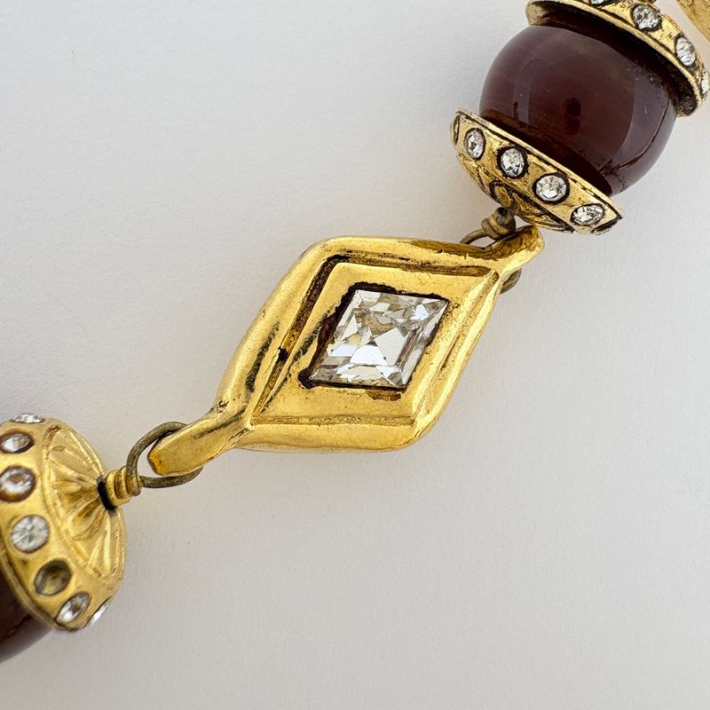 Chanel Rhinestone Necklace Long Gold Plated Brown