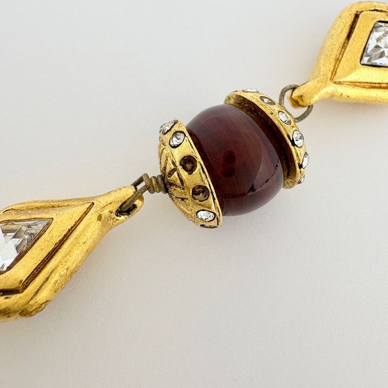 Chanel Rhinestone Necklace Long Gold Plated Brown