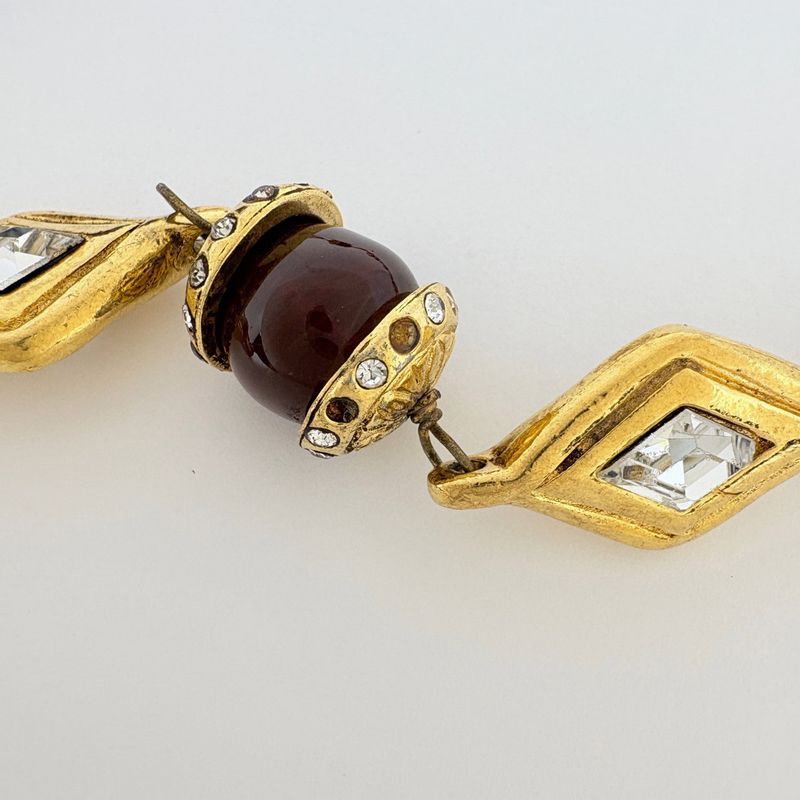 Chanel Rhinestone Necklace Long Gold Plated Brown