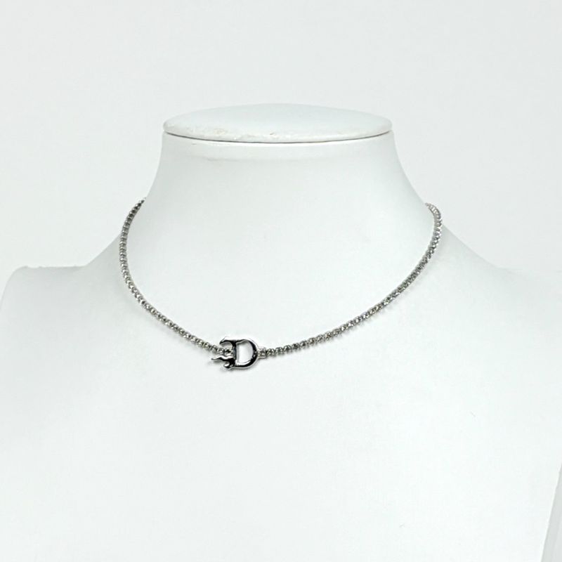 Dior Logo Rhinestone Necklace Choker Silver Plated