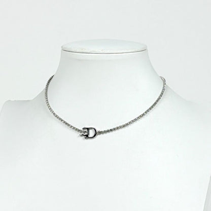 Dior Logo Rhinestone Necklace Choker Silver Plated