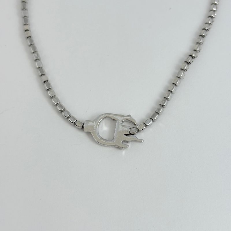 Dior Logo Rhinestone Necklace Choker Silver Plated