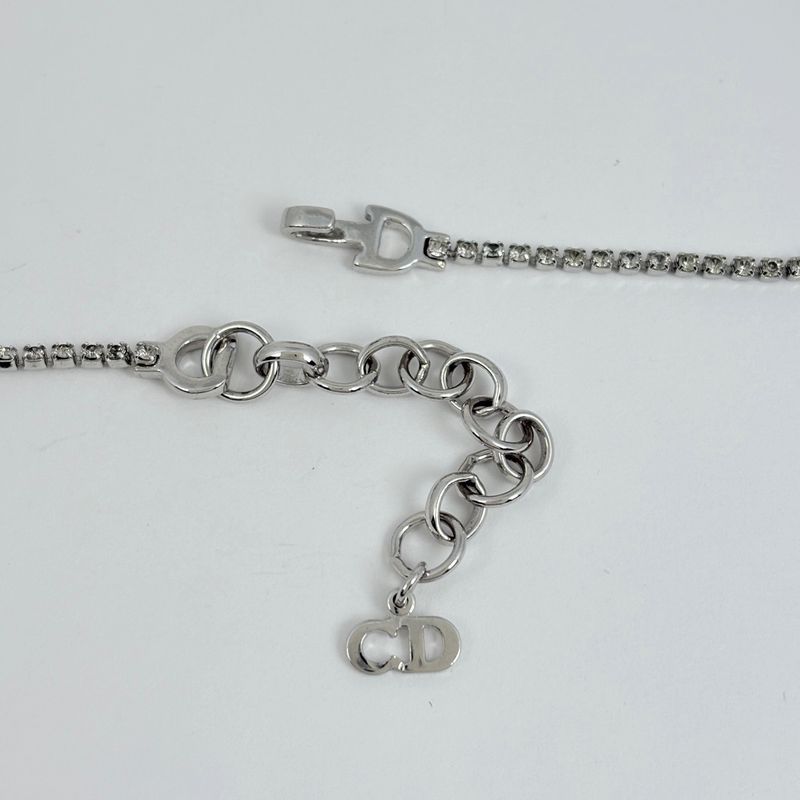 Dior Logo Rhinestone Necklace Choker Silver Plated