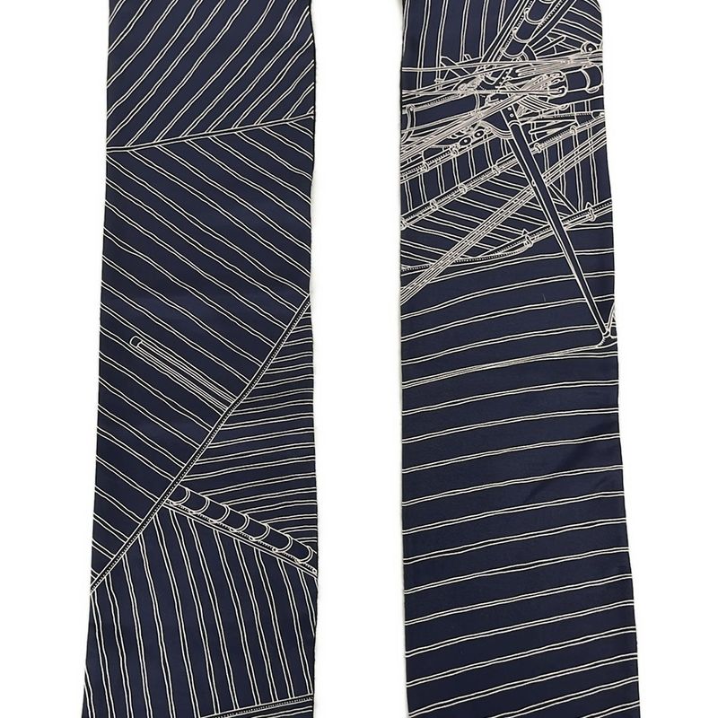 Hermes Scarf Navy Dark White Fringe Cashmere Silk