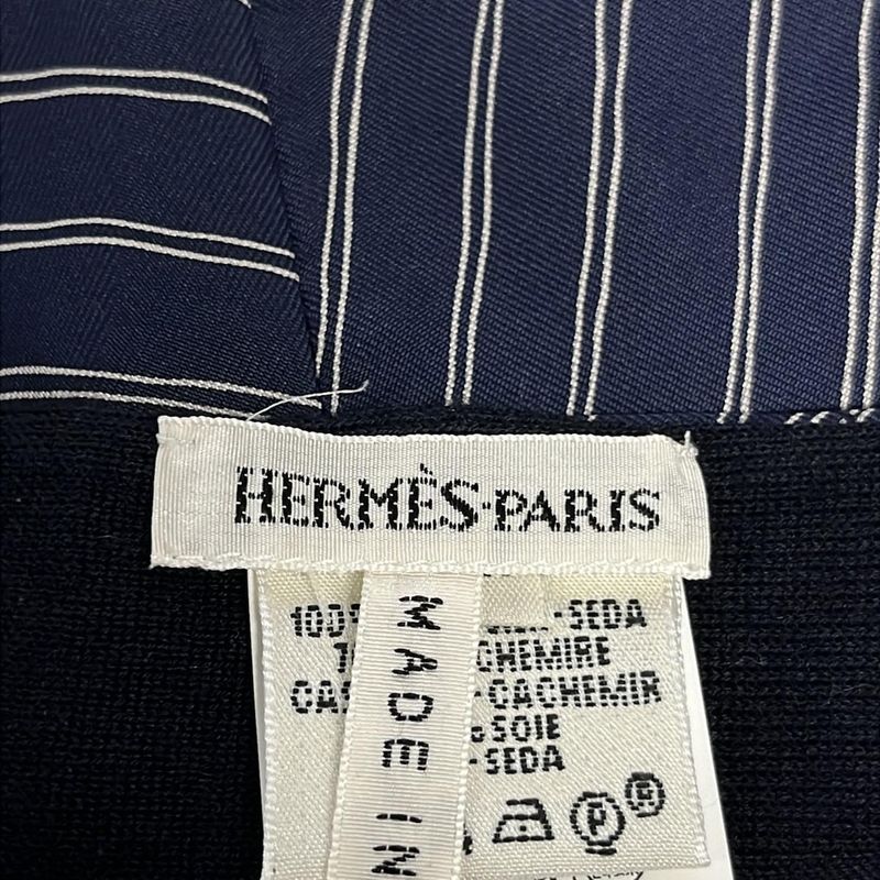 Hermes Scarf Navy Dark White Fringe Cashmere Silk