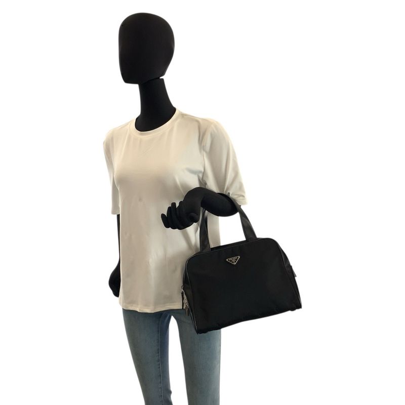 Prada Tessuto Black Silver Nylon Leather Handbag