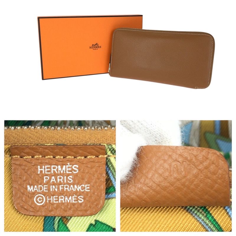 Hermes Azap Long Silk in Gold Brown Silver Veau Zip Around Coin Purse